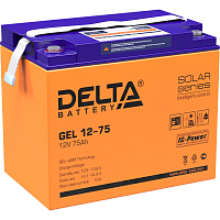 GEL12-75 Батарея DELTA серия GEL, GEL 12-75, напряжение 12В, емкость 75Ач (разряд 10 часов), макс. ток разряда (5 сек.) 700А, макс. ток заряда 15А, свинцово-кислотная типа AGM+GEL, клеммы под болт М6, ДxШxВ 260х168х219мм., вес 23кг., LCD, срок службы 10-1