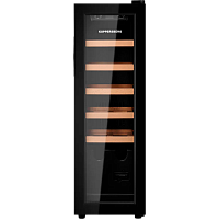 Винный шкаф KUPPERSBERG/ Винный шкаф KUPPERSBERG, отдельностоящий, High-Tech, объем 45 л, вместимость 12 бутылок, диапазон температуры 5-20 градусов, механическое открытие двери, 5 полок из бука, LCD дисплей, уровень шума 38 дБ, цвет черный
