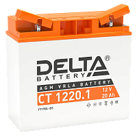 CT1220.1 Аккумуляторная батарея для мото-техники/ DELTA серия CT, CT 1220.1, напряжение 12В, емкость 20 Ач (разряд 10 часов 10.5 В), пусковой ток: 260А, полярность обратная ( - +), тип AGM;Pb (свинцово-кислотный), клеммы: BN под болт, ДxШxВ 181x77x167мм.,