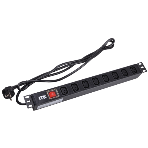 PH12-8C131 PDU 8 розеток C13 с LED выключателем,1U, шнур 2м вилка нем.стандарт