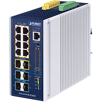IGS-6329-8UP2S4X коммутатор/ PLANET IP30 DIN-rail Industrial L3 8-Port 10/100/1000T 802.3bt PoE + 2-port 1G/2.5G SFP + 4-Port 10G SFP+ Full Managed Switch (-40 to 75 C, 8-port 95W PoE++, 802.3bt/PoH/Force modes, DIDO, ERPS Ring, 1588 PTP TC, Modbus TCP, O