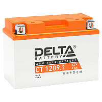 CT1209.1 Аккумуляторная батарея для мото-техники/ DELTA серия CT, CT 1209.1, напряжение 12В, емкость 9 Ач (разряд 10 часов 10.5 В), пусковой ток: 115А, полярность обратная ( - +), тип AGM;Pb (свинцово-кислотный), клеммы: BN под болт, ДxШxВ 151x71x107мм.,
