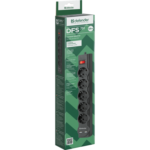 99751 Сетевой фильтр Defender DFS 751 1,8 м, 5 розеток, 2xUSB, 2.1A фото 5