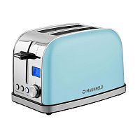 MF-821BL Тостер MAUNFELD/ Тостер,механическое управление,2 отсека, 950 Вт, дисплей, регулировка степени поджаривания, индикация степени поджаривания, функция подогрева, подсветка элементов управления, поддон для сбора крошек, цвет голубой