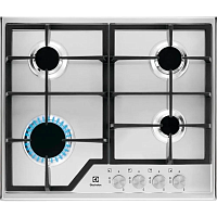 Встраиваемые газовые панели ELECTROLUX/ Газовая варочная поверхность -нержавеющая сталь, мощность: 7800 Вт, автоматический электроподжиг, газ-контроль, решетки: чугун, независимая установка, размеры (ШхГ): 59.5x51 см