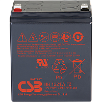 HR1221WF2 Батарея CSB серия HR, HR1221W F2, напряжение 12В, емкость 5Ач (разряд 20 часов), 21 Вт/Эл при 15-мин. разряде до U кон. - 1.67 В/Эл при 25 °С, макс. ток разряда (5 сек.) 90А, ток короткого замыкания 249А, макс. ток заряда 2.1A, свинцово-кислотна