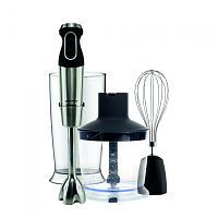 MHBL.1000S Погружной блендер MAUNFELD/ Погружной блендер, 1000Вт, чаши 500 мл+600 мл, корпус из нержавеющей стали и пластика, 3 в 1, 2 ступени скорости, голубая LED подсветка, комплектация:погружная насадка из нерж. стали, 2 ножа из нержавейки, венчик из