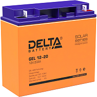GEL12-20 Батарея DELTA серия GEL, GEL 12-20, напряжение 12В, емкость 20Ач (разряд 20 часов), макс. ток разряда (5 сек.) 240А, макс. ток заряда 4А, свинцово-кислотная типа AGM+GEL, клеммы под гайку и болт M6, ДxШxВ 181х77х167мм., вес 5.3кг., срок службы 10