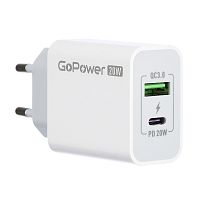 00-00028401 Сетевое З/У/ Сетевое З/У GoPower GPQC08 1USB+1Type-C 20W QC3.0 белый