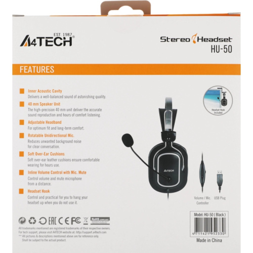 HU-50 Наушники с микрофоном A4Tech HU-50 черный 2м накладные USB оголовье фото 6 HU-50 Наушники с микрофоном A4Tech HU-50 черный 2м накладные USB оголовье фото 6