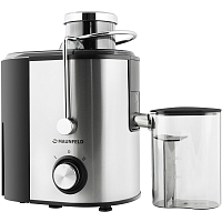 MJE.850S Соковыжималка MAUNFELD/ Соковыжималка, корпус из нержавеющей стали, 850 Вт, чаша 1.2 л, 2 скорости, стакан для сока 350 мл, цвет: нержавеющая сталь/серый