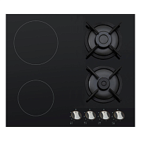 Комбинированная варочная панель HOMSAir/ Встраиваемая варочная поверхность, 60 см, комбинированная, "Черное стекло" (Газ на стекле + стеклокерамика), механическое управление, 9 уровней мощности, автоматическое выключение, материал решетки чугун, цвет черн