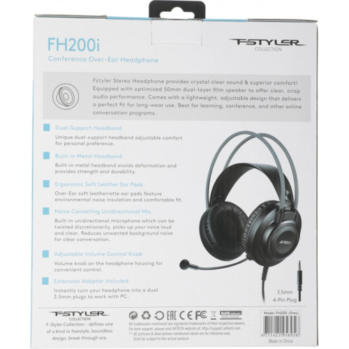 FH200IGREY Наушники с микрофоном A4Tech Fstyler FH200i серый 1.8м накладные оголовье (FH200I GREY) фото 4 FH200IGREY Наушники с микрофоном A4Tech Fstyler FH200i серый 1.8м накладные оголовье (FH200I GREY) фото 4