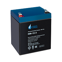 HM-12-5 Battery Parus Electro, standard series HM-12-5, voltage 12V, capacity 5Ah (discharge 20 hours), max. discharge current (5sec) 75A, max. charge current 2A, lead-acid type AGM, terminals F2, LxWxH 90x70x101mm., total height with terminals 107mm., we