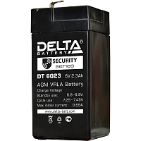 DT6023 Батарея DELTA серия DT, DT 6023, напряжение 6В, емкость 2.3Ач (разряд 20 часов), макс. ток разряда (5 сек.) 30А, макс. ток заряда 0.69А, свинцово-кислотная типа AGM, клеммы F1, ДxШxВ 44х47х101мм., вес 0.45кг., срок службы 5 лет./ Battery DELTA seri