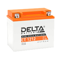 CT1212 Аккумуляторная батарея для мото-техники/ DELTA серия CT, CT 1212, напряжение 12В, емкость 12 Ач (разряд 10 часов 10.5 В), пусковой ток: 180А, полярность обратная ( - +), тип AGM;Pb (свинцово-кислотный), клеммы: BN под болт, ДxШxВ 150x86x131мм., вес