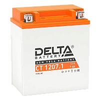 CT1207.1 Аккумуляторная батарея для мото-техники/ DELTA серия CT, CT 1207.1, напряжение 12В, емкость 7 Ач (разряд 10 часов 10.5 В), пусковой ток: 100А, полярность обратная ( - +), тип AGM;Pb (свинцово-кислотный), клеммы: BN под болт, ДxШxВ 114x70x132мм.,