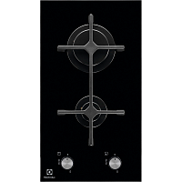 Домино ELECTROLUX/ газовая поверхность на 2 конфорки, закаленное стекло, мощность: 3900 Вт, автоматический электроподжиг, газ-контроль, решетки: чугун, независимая установка, размеры (ШхГ): 29x52 см