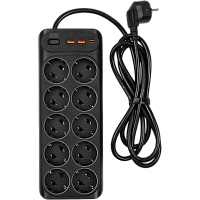 SP-10USB2A1CB3.0M Сетевой фильтр-удлинитель/ PowerCom SP-10 USB2A1CB 3.0M, 10 розеток, черный, 16А, 4кВт, 204Дж, защитные шторки, защита от КЗ, перегрузки и импульсных помех, один порт USB-C(PD20W) и два USB-A(QC3.0) суммарной мощностью 15Вт, кабель 3x1.5