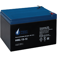 HML-12-12 Battery Parus Electro, professional series HML-12-12, voltage 12V, capacity 12Ah (discharge 20 hours), max. discharge current (5sec) 180A, max. charge current 4.8A, lead-acid type AGM, terminals F2, LxWxH 151x98x95mm., full height with terminals