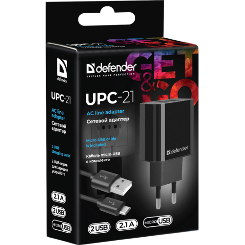 83581 Defender Сетевой адаптер UPC-21 2xUSB,5V/2.1А кабель microUSB фото 7