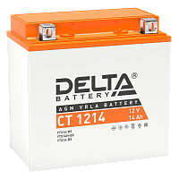 CT1214 Аккумуляторная батарея для мото-техники/ DELTA серия CT, CT 1214, напряжение 12В, емкость 14 Ач (разряд 10 часов 10.5 В), пусковой ток: 200А, полярность обратная ( - +), тип AGM;Pb (свинцово-кислотный), клеммы: BN под болт, ДxШxВ 151x88x147мм., вес