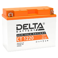 CT1220 Аккумуляторная батарея для мото-техники/ DELTA серия CT, CT 1220, напряжение 12В, емкость 20 Ач (разряд 10 часов 10.5 В), пусковой ток: 250А, полярность обратная ( - +), тип AGM;Pb (свинцово-кислотный), клеммы: BN под болт, ДxШxВ 204x91x159мм., вес