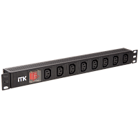 PH12-8C133 PDU 8 розеток C13 с LED выключателем,1U, вх. С14, без шнура, алюминиевый профиль