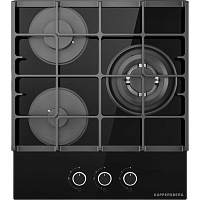 Варочная поверхность Kuppersberg/ Варочная поверхность Kuppersberg, газ, High-Tech, 45 см, 3 конфорки, автоматический электроподжиг, газ-контроль, форсунки под сжиженый газ, SABAF конфорки, WOK конфорка, чугунные решетки, цвет черное стекло, цвет фурнитур