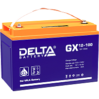 GX12-100 Батарея DELTA серия GX, GX 12-100, напряжение 12В, емкость 100Ач (разряд 10 часов), макс. ток разряда (5 сек.) 900А, макс. ток заряда 20А, свинцово-кислотная типа GEL, клеммы под болт М6, ДxШxВ 330х171х215мм., вес 32кг., срок службы 15 лет./ Batt