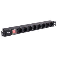 PH12-8D3 PDU 8 розеток нем. стандарт, с LED выключателем,1U, без шнура, вх. C14, алюминиевый профиль