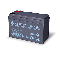 HR9-12 Батарея B.B. Battery серия HR, HR9-12, напряжение 12В, емкость 9Ач (разряд 20 часов), емкость 8Ач (разряд 10 часов), макс. ток разряда (5 сек.) 120А, макс. ток заряда 2.4A, свинцово-кислотная типа AGM, клеммы Т2, ДxШxВ 151x65x100мм., вес 2.75кг., с