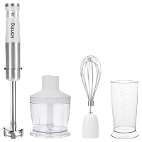 KHB0313W Погружной блендер KORTING/ Погружной блендер KORTING, беспроводной, мощность 150 Вт, кнопочное управление, 3 насадки (блендер, измельчитель, миксер), 5 скоростей, объем чаши 500 мл, защита двигателя от перегрева/перегрузки, цвет белый