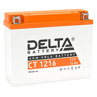 CT1216 Аккумуляторная батарея для мото-техники/ DELTA серия CT, CT 1216, напряжение 12В, емкость 16 Ач (разряд 10 часов 10.5 В), пусковой ток: 200А, полярность обратная ( - +), тип AGM;Pb (свинцово-кислотный), клеммы: BN под болт, ДxШxВ 205x70x162мм., вес