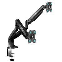 ONKRONG200BLACK Кронштейн для 2 мониторов ONKRON/ 13-32" ГАЗЛИФТ макс 100*100 наклон -90º/+90º, поворот +-90°, 2 колена, вылет от стены до 525мм, крепление к столу 10-85мм, макс общий вес 9кг, черный