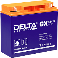 GX12-17 Батарея DELTA серия GX, GX 12-17, напряжение 12В, емкость 17Ач (разряд 20 часов), макс. ток разряда (5 сек.) 225А, макс. ток заряда 3.36А, свинцово-кислотная типа GEL, клеммы под гайку и болт M6, ДxШxВ 181х77х167мм., вес 5.5кг., срок службы 15 лет
