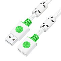 GCR-57657 GCR PRO Удлинитель Premium PROF 2.0m USB 2.0 AM/AF, белый, в оплетке текстиль, ферритовые кольца, 28/24 AWG, медь, экран, армирование, заземление