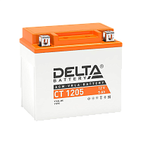 CT1205 Аккумуляторная батарея для мото-техники/ DELTA серия CT, CT 1205, напряжение 12В, емкость 5 Ач (разряд 10 часов 10.5 В), пусковой ток: 80А, полярность обратная ( - +), тип AGM;Pb (свинцово-кислотный), клеммы: BN под болт, ДxШxВ 114x70x106мм., вес 1