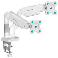 ONKRONG160WHITE Кронштейн для 2 мониторов ONKRON/ 13-32" ГАЗЛИФТ макс 100*100 наклон -90º/+90º, поворот +-90°, 2 колена, вылет от стены до 450мм, крепление к столу 10-83мм, макс общий вес 6,5кг, белый