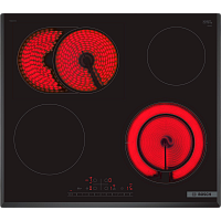 Serie 6, электрическая варочная поверхность, стеклокерамика, черная, ширина 60 см, скос с трех сторон, 4 конфорки, 1 конфорка с круглой зоной расширения, 1 конфорка с овальной зоной расширения, управление DirectSelect, функция PowerBoost для передней прав