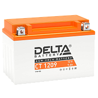CT1209 Аккумуляторная батарея для мото-техники/ DELTA серия CT, CT 1209, напряжение 12В, емкость 9 Ач (разряд 10 часов 10.5 В), пусковой ток: 135А, полярность обратная ( - +), тип AGM;Pb (свинцово-кислотный), клеммы: BN под болт, ДxШxВ 150x86x108мм., вес