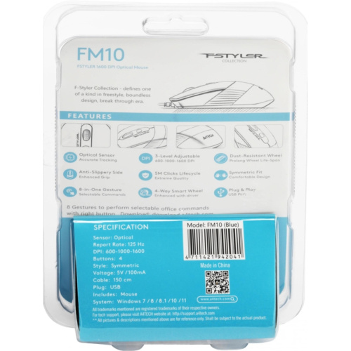 FM10BLUE Мышь A4Tech Fstyler FM10 черный/синий оптическая 1600dpi USB 4but (FM10 BLUE) фото 4 FM10BLUE Мышь A4Tech Fstyler FM10 черный/синий оптическая 1600dpi USB 4but (FM10 BLUE) фото 4
