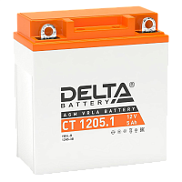 CT1205.1 Аккумуляторная батарея для мото-техники/ DELTA серия CT, CT 1205.1, напряжение 12В, емкость 5 Ач (разряд 10 часов 10.5 В), пусковой ток: 65А, полярность обратная ( - +), тип AGM;Pb (свинцово-кислотный), клеммы: BN под болт, ДxШxВ 120x61x129мм., в