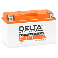 CT1208 Аккумуляторная батарея для мото-техники/ DELTA серия CT, CT 1208, напряжение 12В, емкость 8 Ач (разряд 10 часов 10.5 В), пусковой ток: 130А, полярность обратная ( - +), тип AGM;Pb (свинцово-кислотный), клеммы: BN под болт, ДxШxВ 150x66x95мм., вес 2