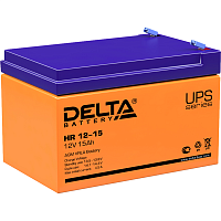 HR12-15 Батарея DELTA серия HR, HR 12-15, напряжение 12В, емкость 15Ач (разряд 20 часов), макс. ток разряда (5 сек.) 200А, макс. ток заряда 4.5А, свинцово-кислотная типа AGM, клеммы F2, ДxШxВ 151х98х95мм., вес 4.6кг., срок службы 8 лет./ Battery DELTA ser