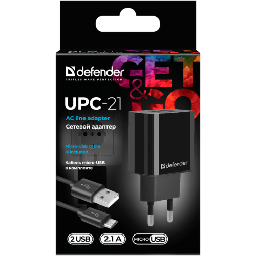 83581 Defender Сетевой адаптер UPC-21 2xUSB,5V/2.1А кабель microUSB фото 8
