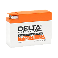 CT12025 Аккумуляторная батарея для мото-техники/ DELTA серия CT, CT 12025, напряжение 12В, емкость 2,5 Ач (разряд 10 часов 10.5 В), пусковой ток: 40А, полярность обратная ( - +), тип AGM;Pb (свинцово-кислотный), клеммы: BN под болт, ДxШxВ 114x39x87мм., ве