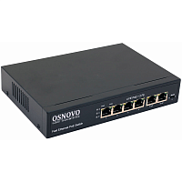 SW-20600(80W) Коммутатор/ OSNOVO PoE коммутатор 6 портов, 4 PoE порта 10/100 Base-T, 2*10/100 Base-T Uplink, до 30W на порт, суммарно до 80W