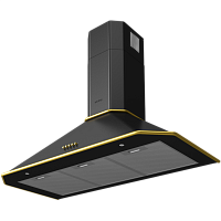 KHC9839RGN Вытяжка Korting/ Кухонная вытяжка, Настенная вытяжка, Ширина 90 см, Мощность: 850 м3/ч, 3 режима, Механическое кнопочное управление, Алюминиевые жировые фильтры, 2 LED лампы освещения, цвет - матовый черный, профиль рамок и кнопки - золото