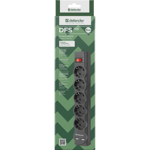 99755 Сетевой фильтр Defender DFS 755 5,0 м, 5 розеток, 2xUSB, 2.1A фото 4
